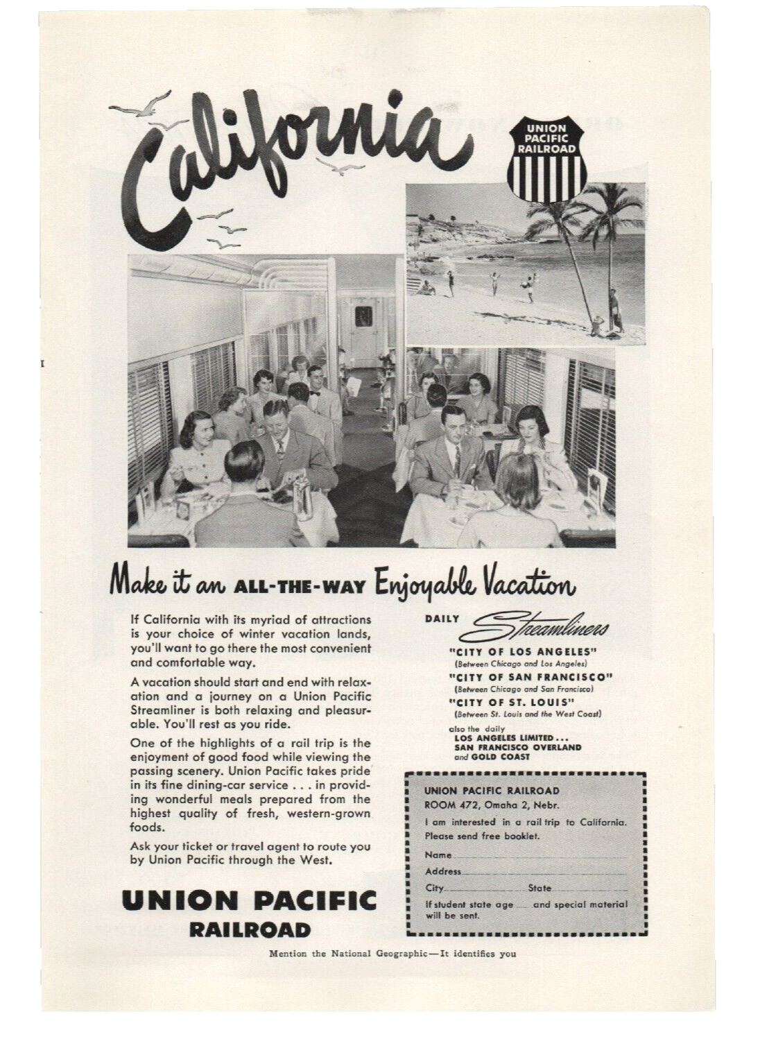 Vintage Union Pacific Railroad 1951 California Print Ad Streamliner Trains Beach