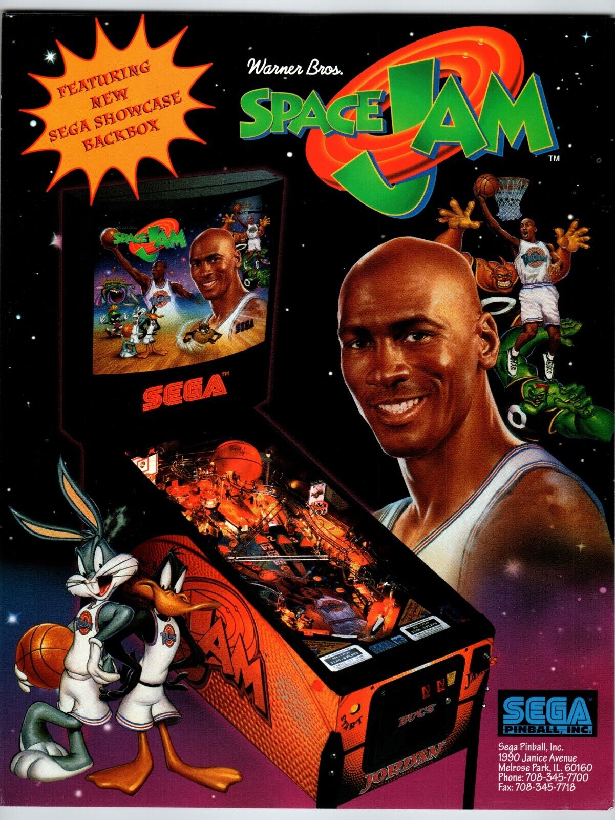 Space Jam Pinball FLYER Original Game Art  Bugs Bunny Daffy Duck Michael Jordan