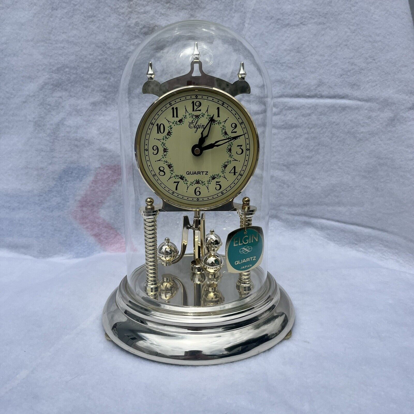 Vintage Elgin Quartz Clock Pendulum Glass Dome Made In Japan TAG ON
