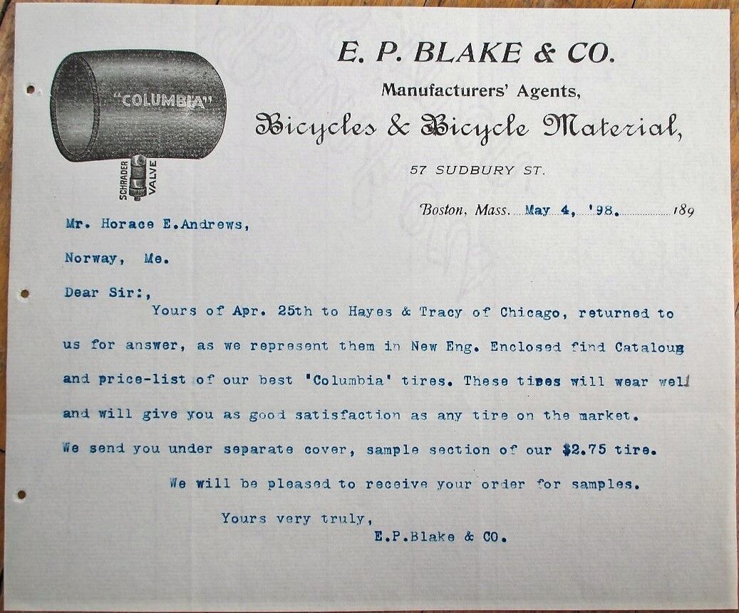 Bicycle 1898 Letterhead: E. P. Blake Cycles & Material - Boston, MA