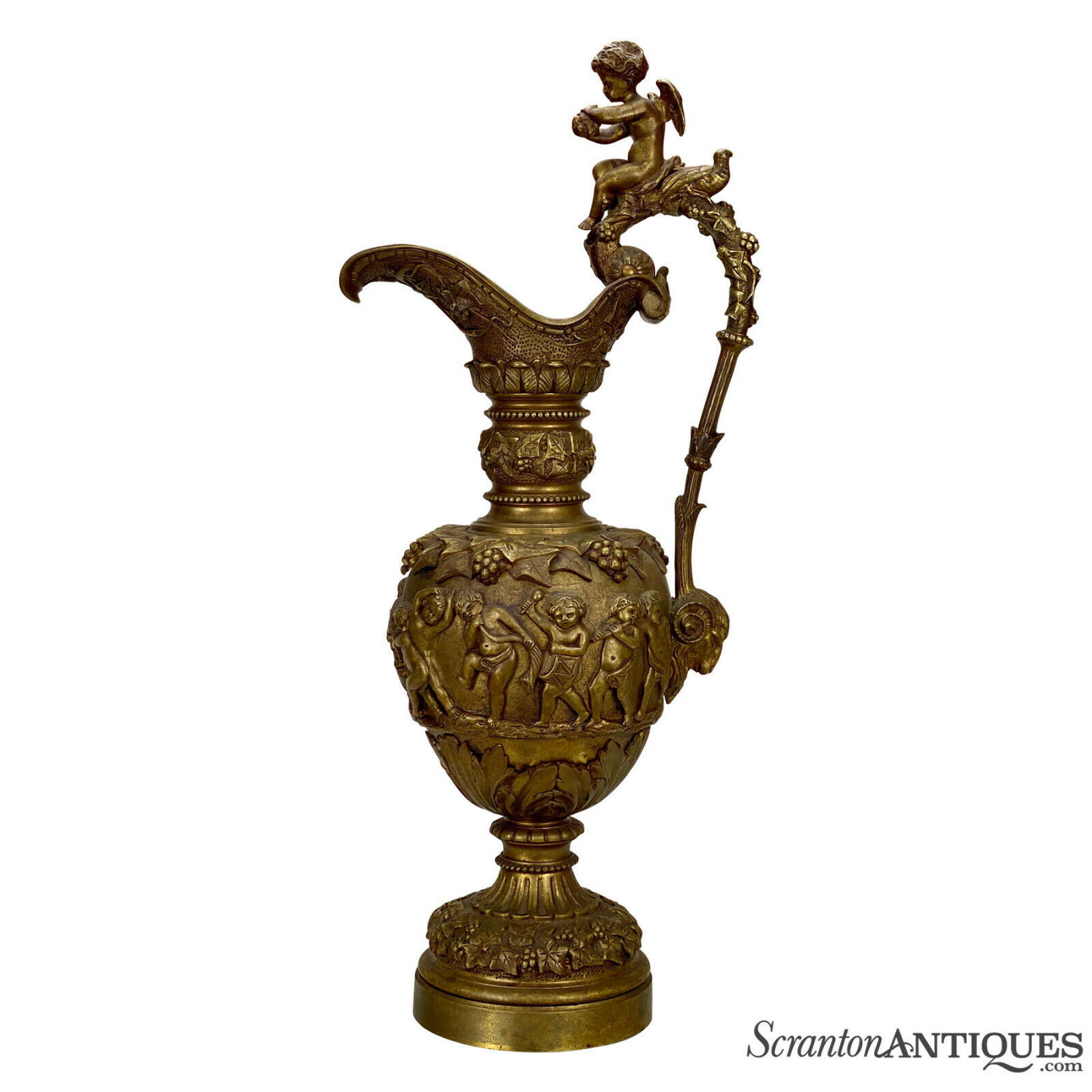 Vintage French Rococo Bronze Ewer Urn w/ Cherub Motif