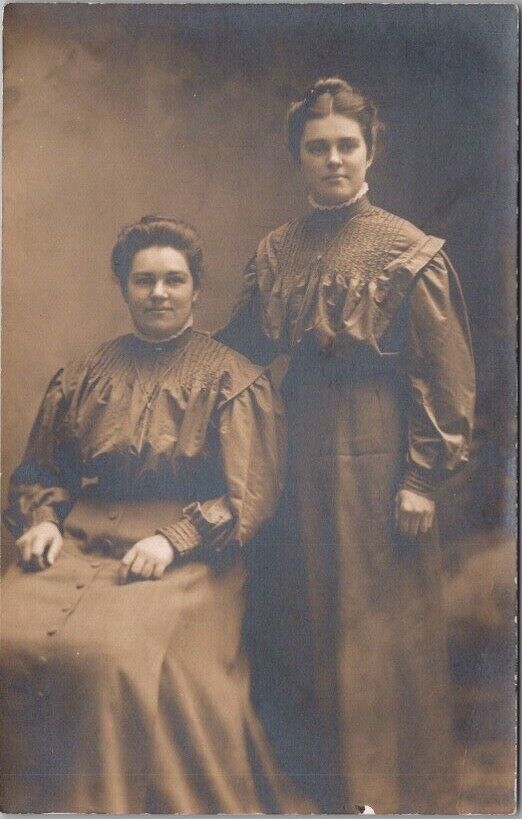 1910s Real Photo RPPC Postcard Two Young Ladies SISTERS in Dark Dresses / UNUSED