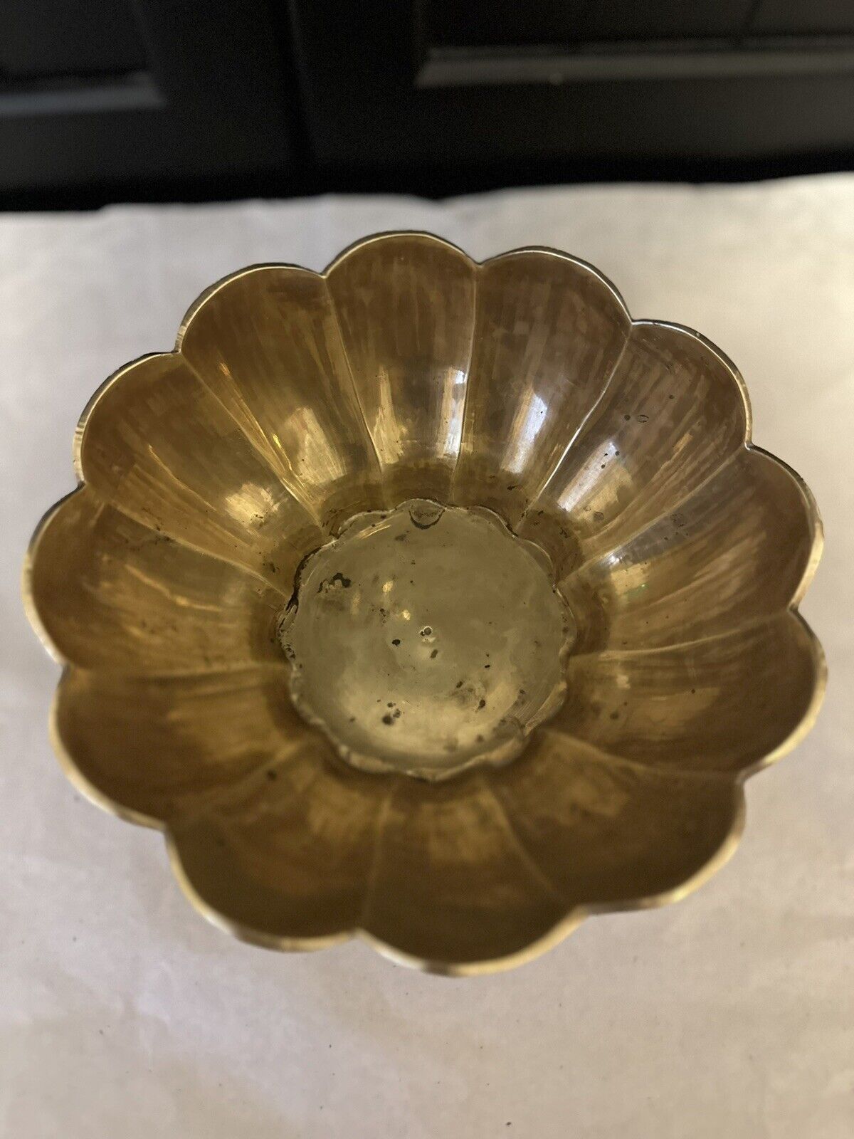 Vintage Brass Scalloped Edge, 12 Petal Lotus Bowl 7”