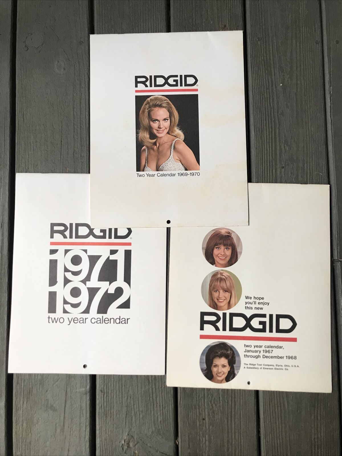 Vintage 1967-1968, 1969-1970, 1971-1972 Lot Of 3 Pin Up Calendar Ridgid Tool Co.