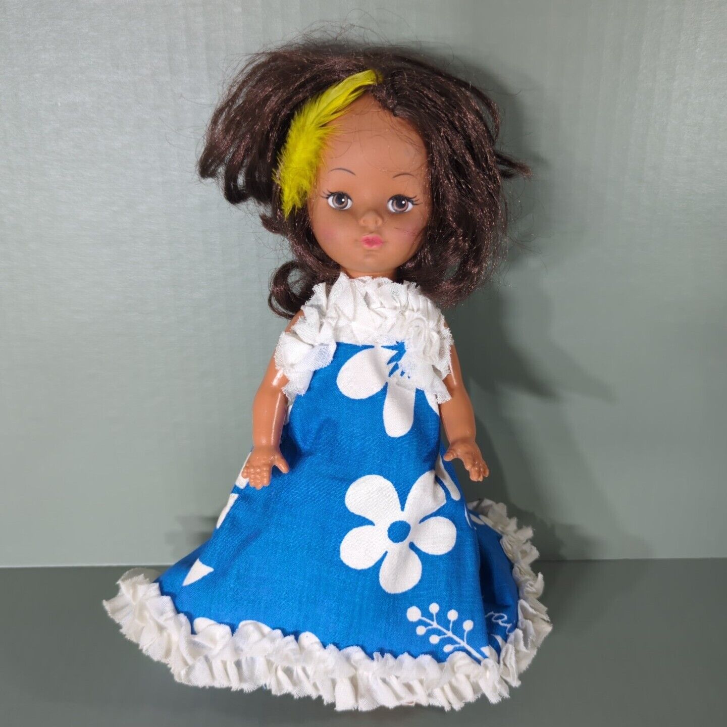Vintage Hawaiian Child Hula Girl Doll Hawaii Blue Floral Dress 11\