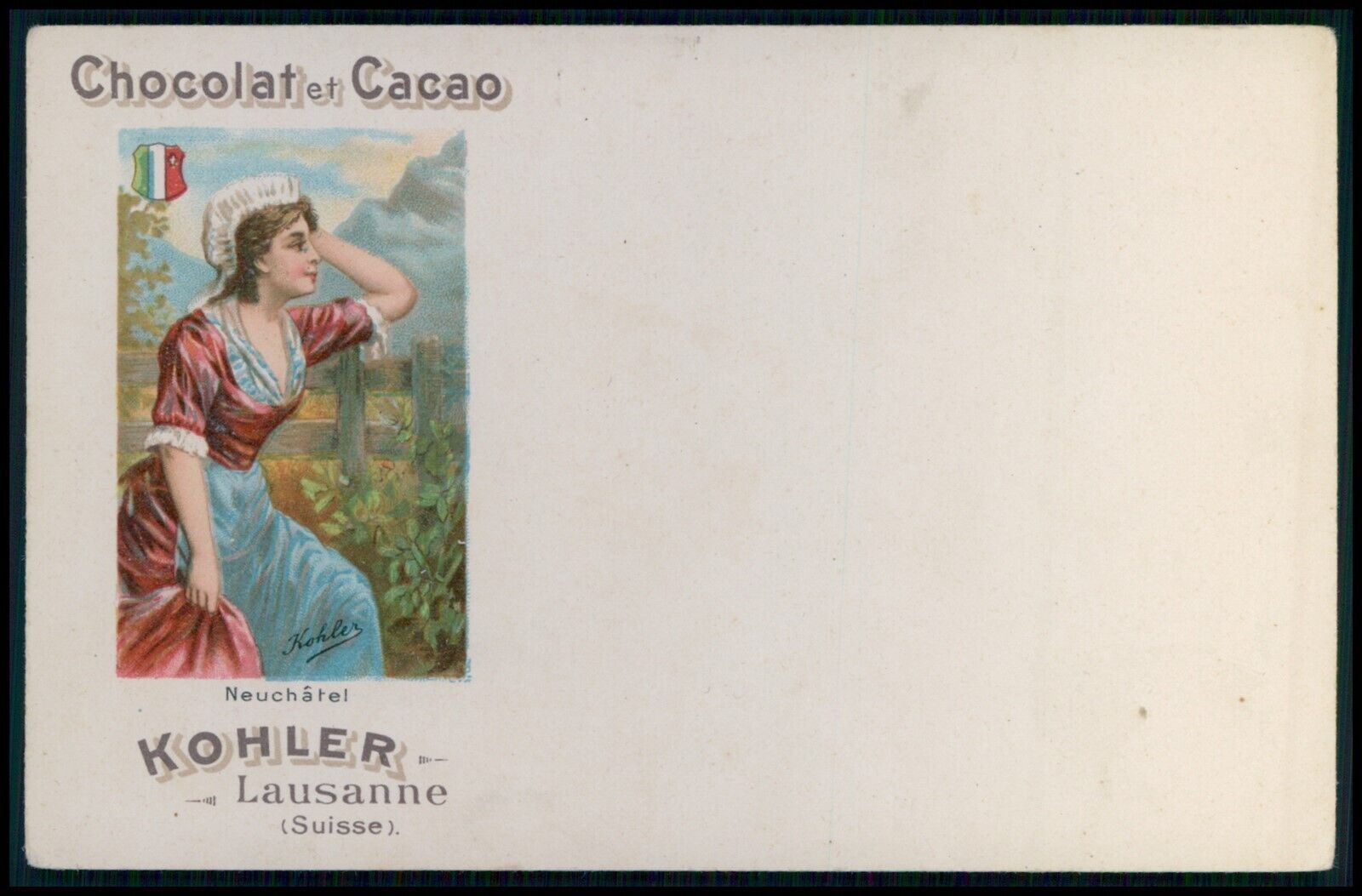 aa advertising Kohler cocoa and chocolate original old 1890s Swiss postcard