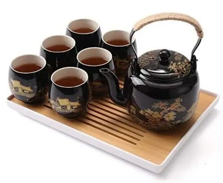 Dujust Stainless Infuser Porcelain Japanese Black Tea Set with Teapot Cups Tray