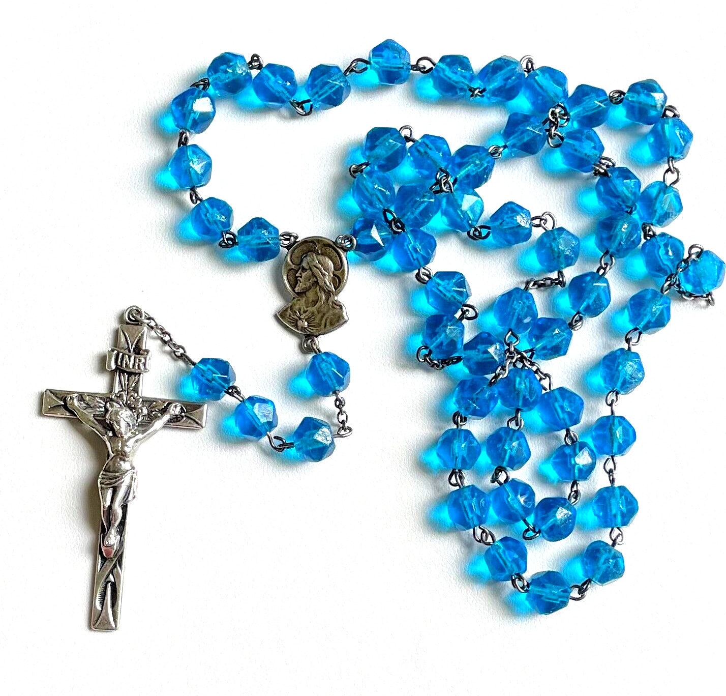 Vintage Sterling Silver Rosary Blue Faceted Crystal Bead Signed Swift & Fisher