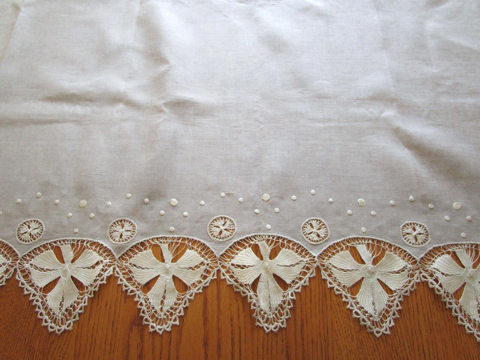 Vintage Gray Linen Runner/Dresser Scarf with Cream Embroidery-25 x 72