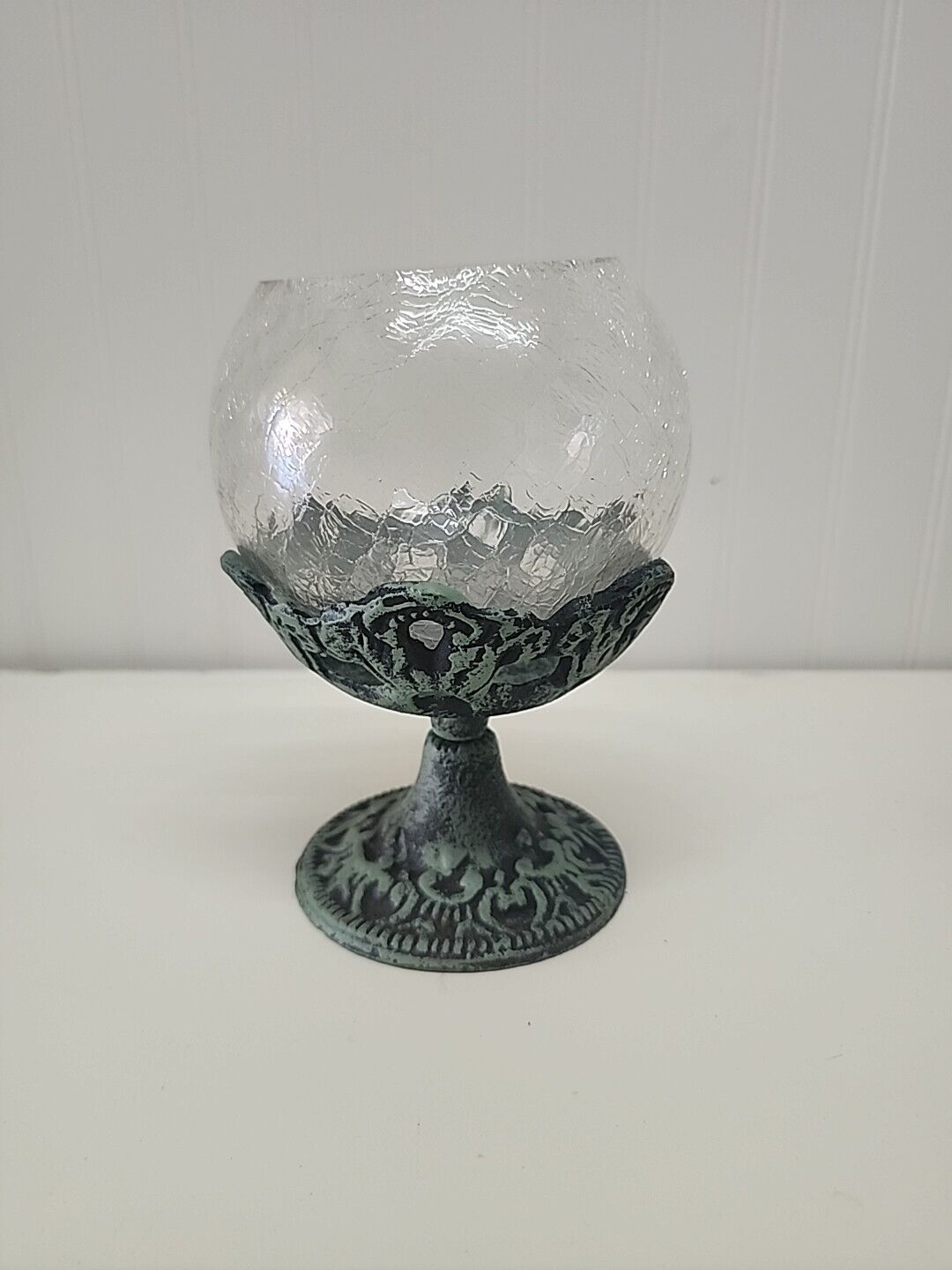 Clear CRACKLED GLASS Bowl on VERDIGRIS Pedestal 7