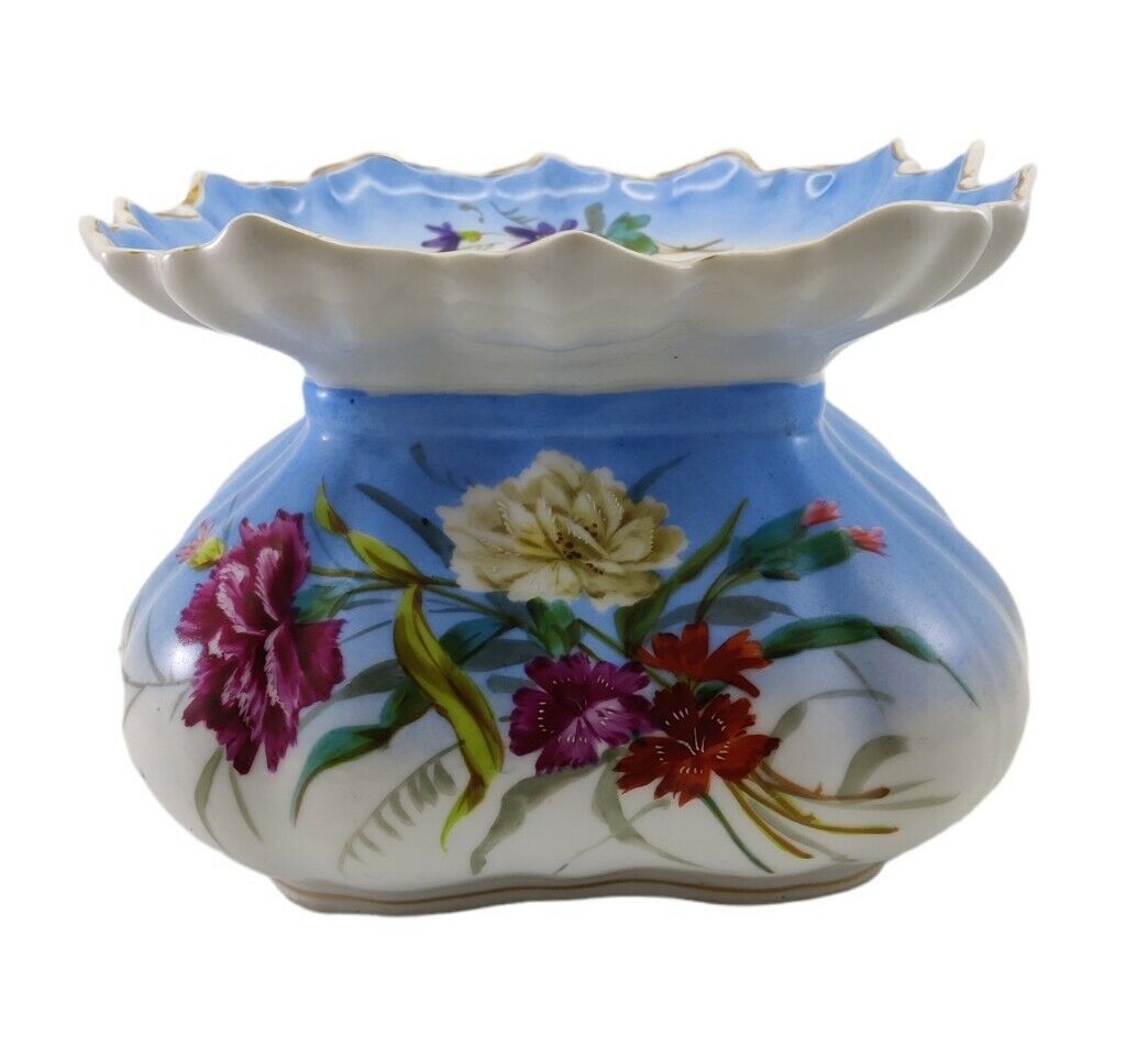 Antique Floral Porcelain French Ladies Spitoon Blue White Scalloped 