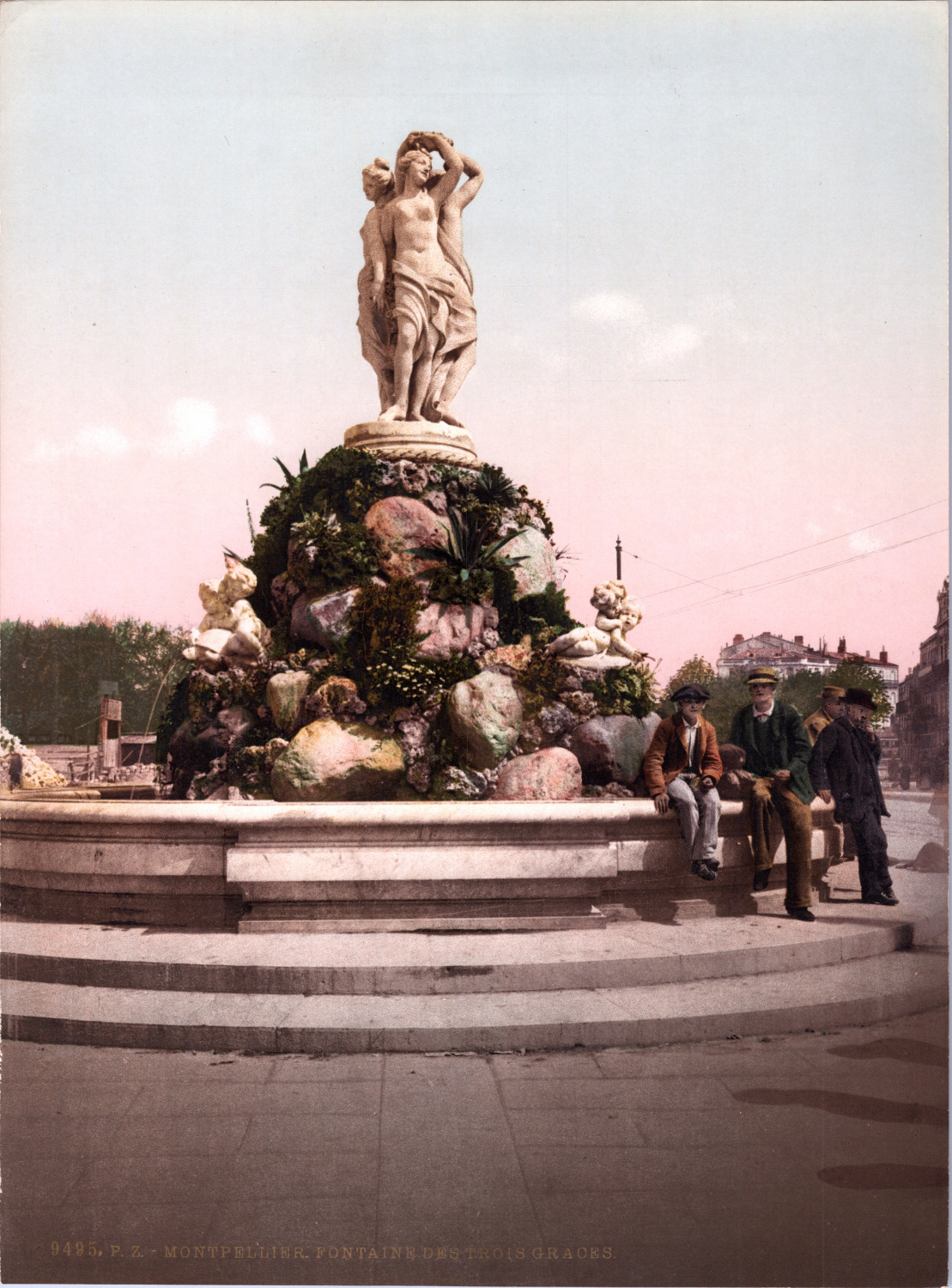 France, Montpellier. The Fountain of Three Graces.  vintage print photochrome