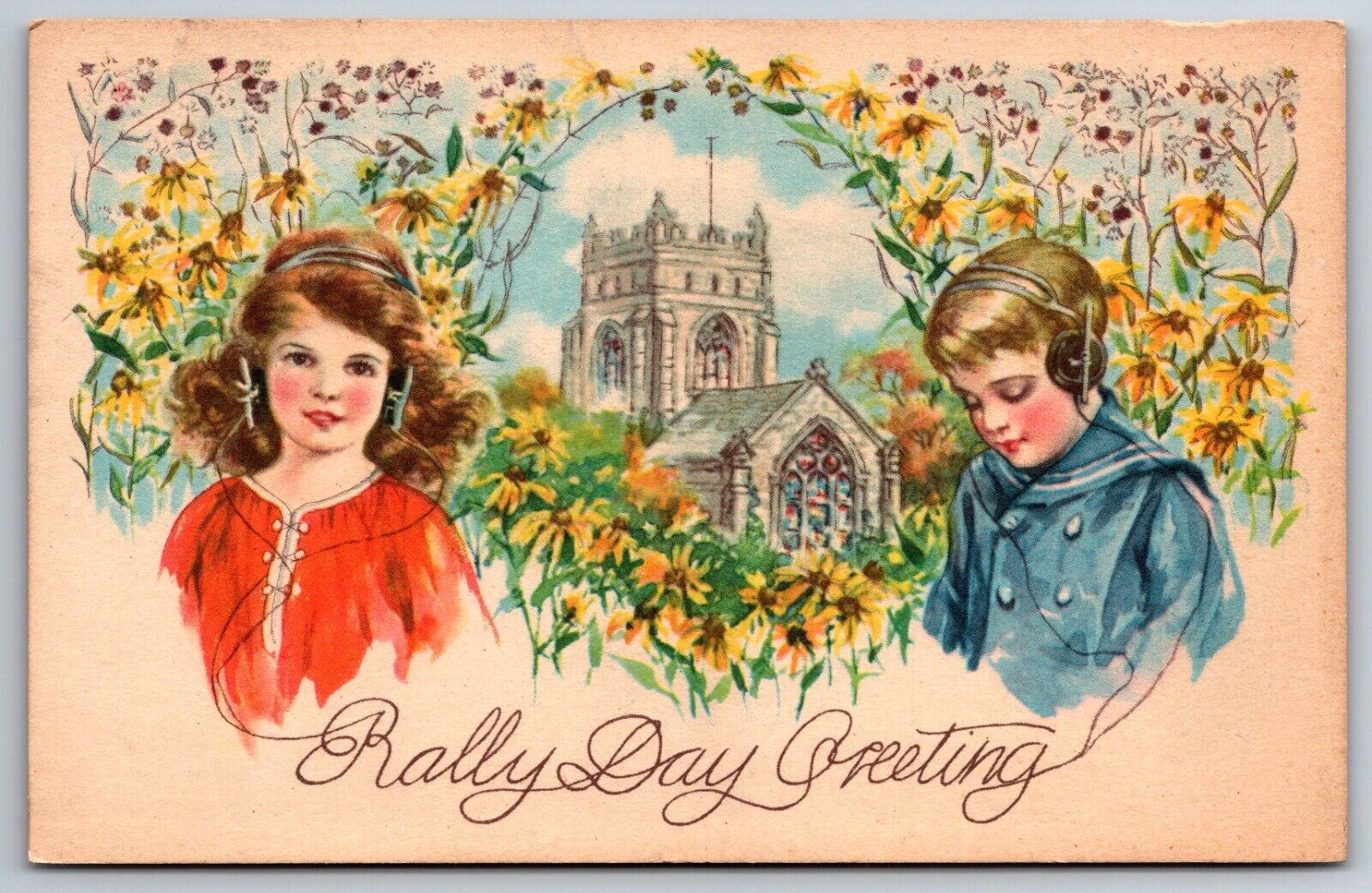 Rally Day Walkersville Maryland Reformed Church 1924 Boy Girl Headphone Postcard