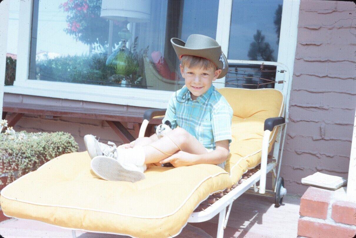 1972 Boy Sitting on Patio Chair Lounger Outside #2 Vintage 35mm Slide