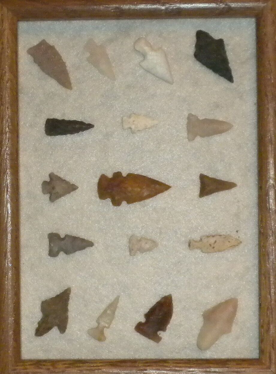 17 early man  indian artifacts stone arrowheads or bird points great color