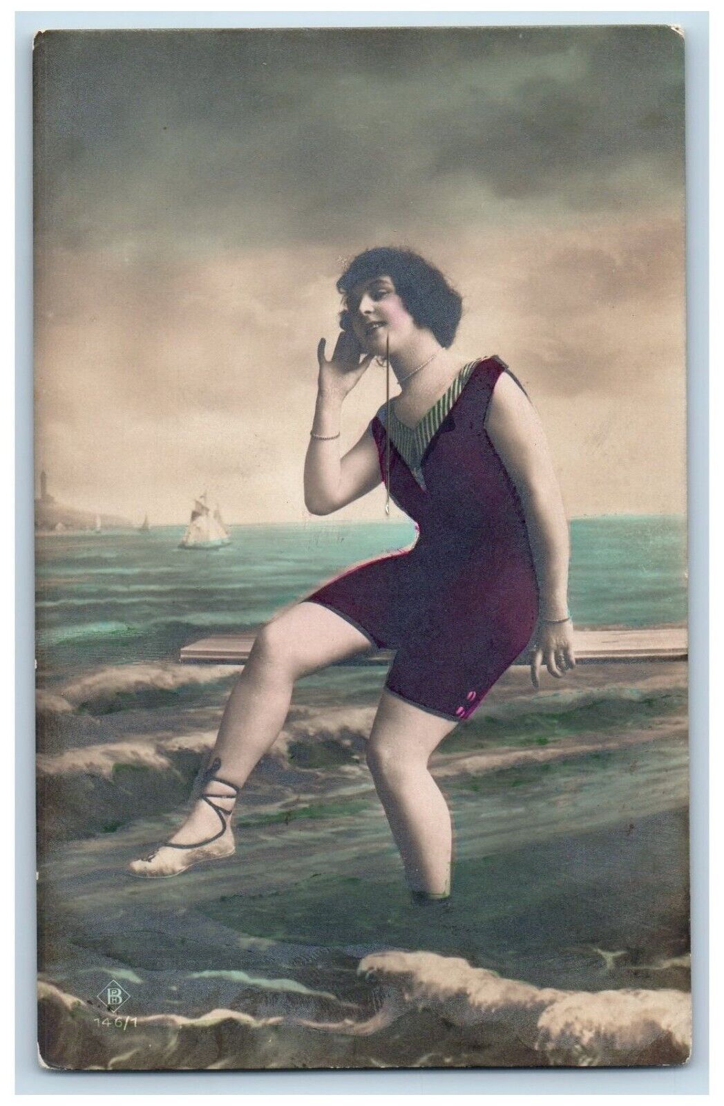 Beach Bathing Beauty Postcard RPPC Photo Swimsuit Boat Scene c1910\'s Antique