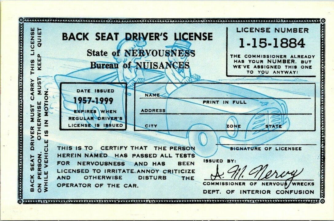 Vintage 1957 Back Seat Driver\'s License Comedy Funny Postcard