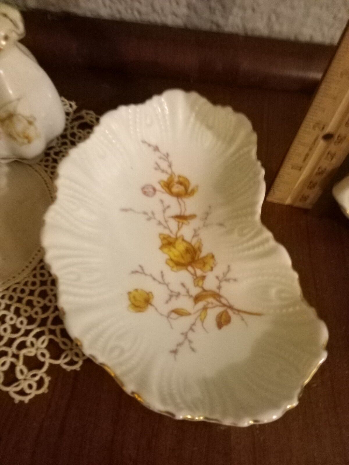 4 Antique porcelain bone dish plate Germany Carlsbad yellow roses dresden china
