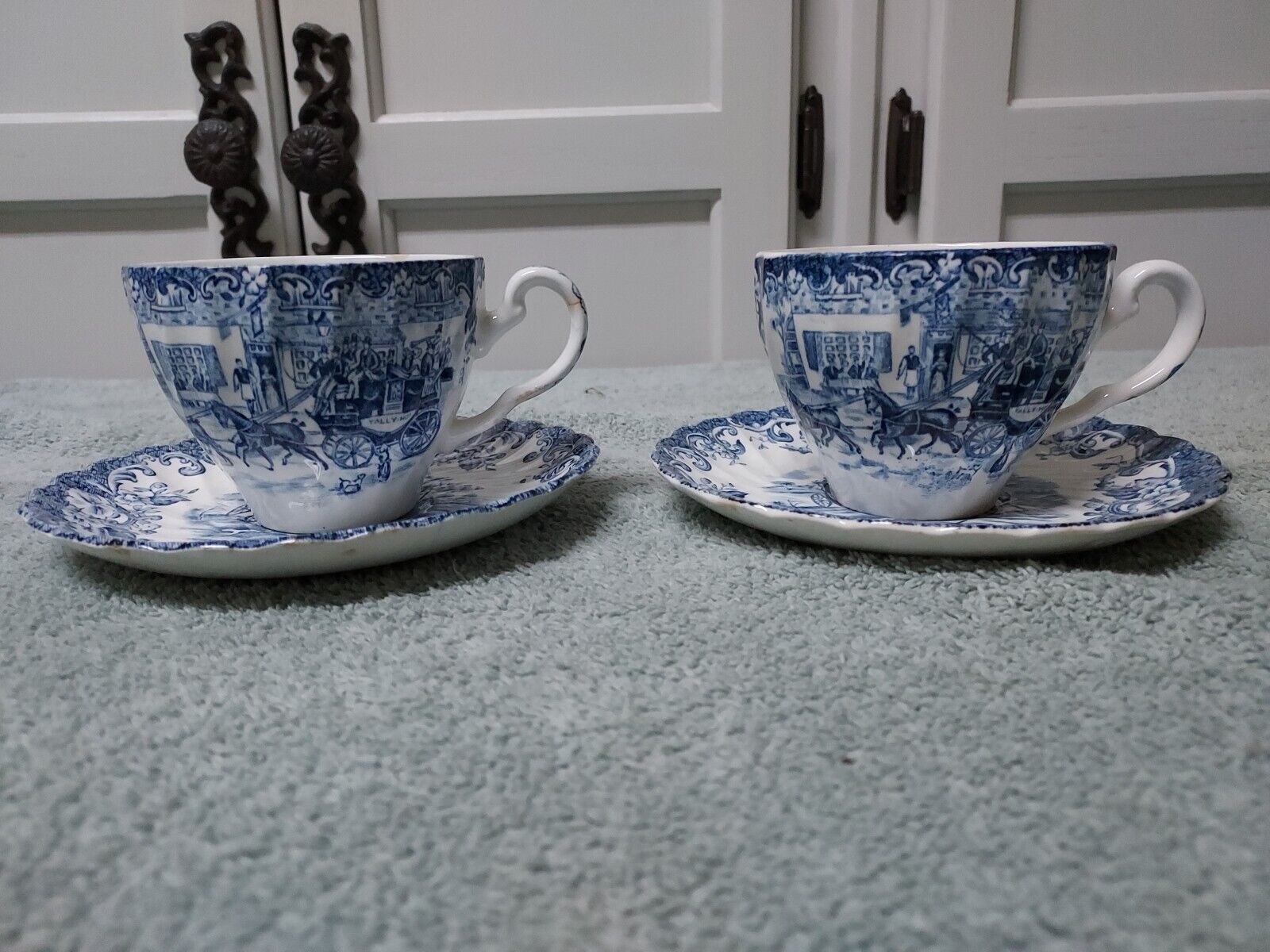 Johnson Brothers Coaching Scenes Blue Tea Cup & Saucer  4 Pc. Hunting Country 