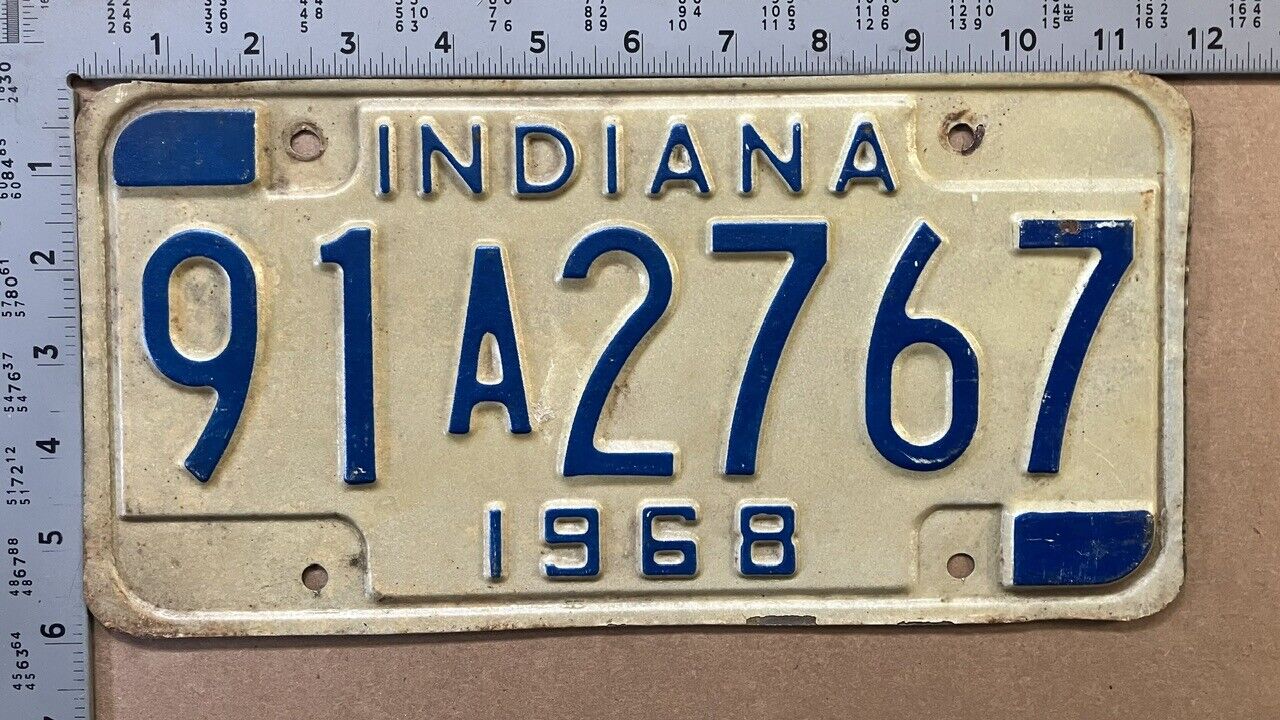 1968 Indiana license plate 91 A 2767 YOM DMV White Ford Chevy Dodge 15249