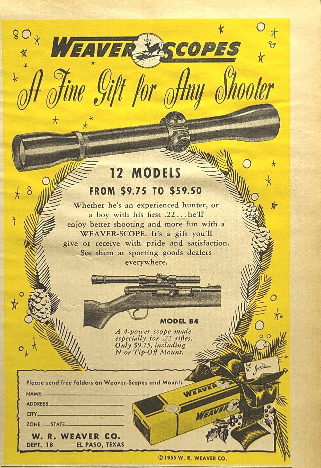 Weaver-Scopes Christmas Gift For Shooters El Paso Texas Vintage Print Ad 1955