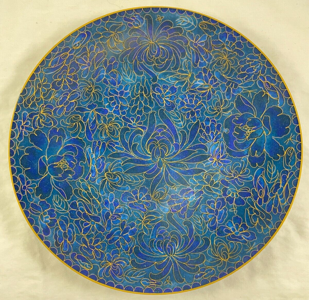 Jingfa Enamel Cloisonné Plate Blue Floral Hand Made Turquoise 10.25” Antique