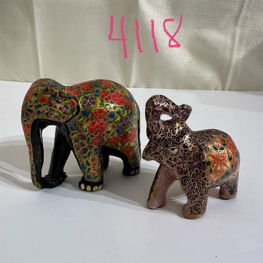 Handcrafted Indian Elephant Statues Decor, Set of 2, Floral Hand-Painted Small