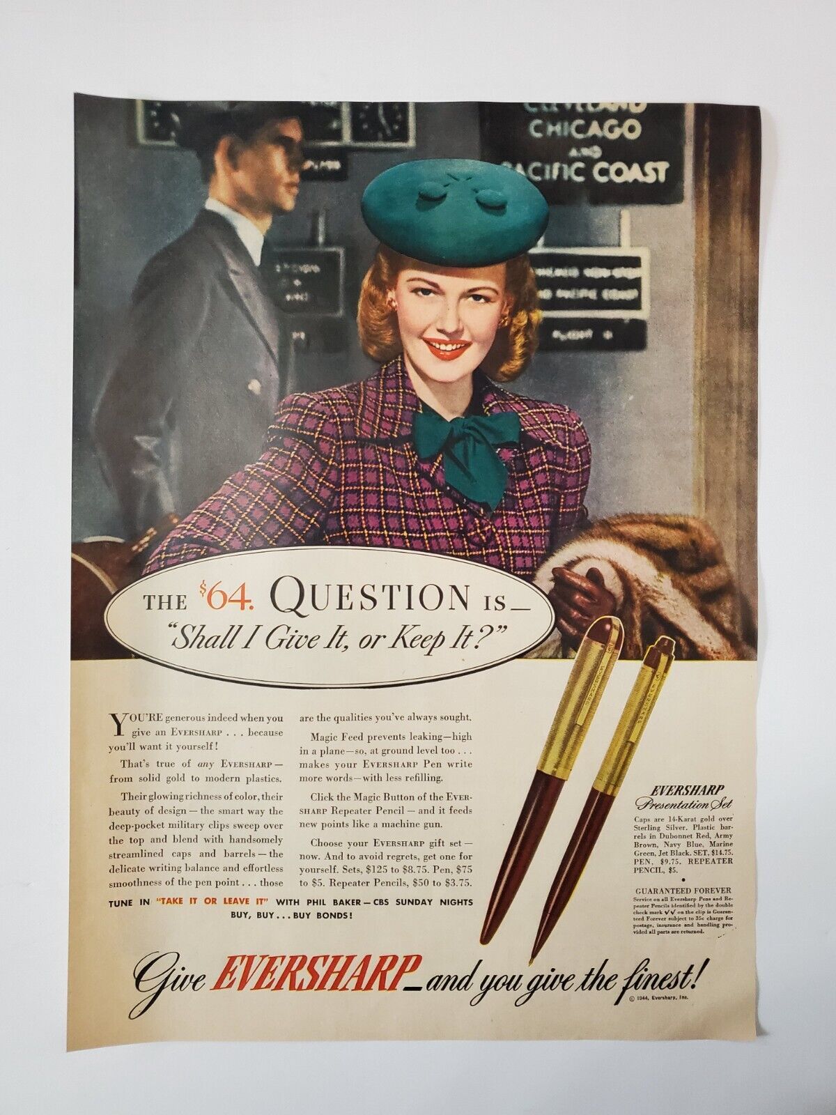 1944 Eversharp Vintage WW2 Print Ad Shall I Give It Or Keep It
