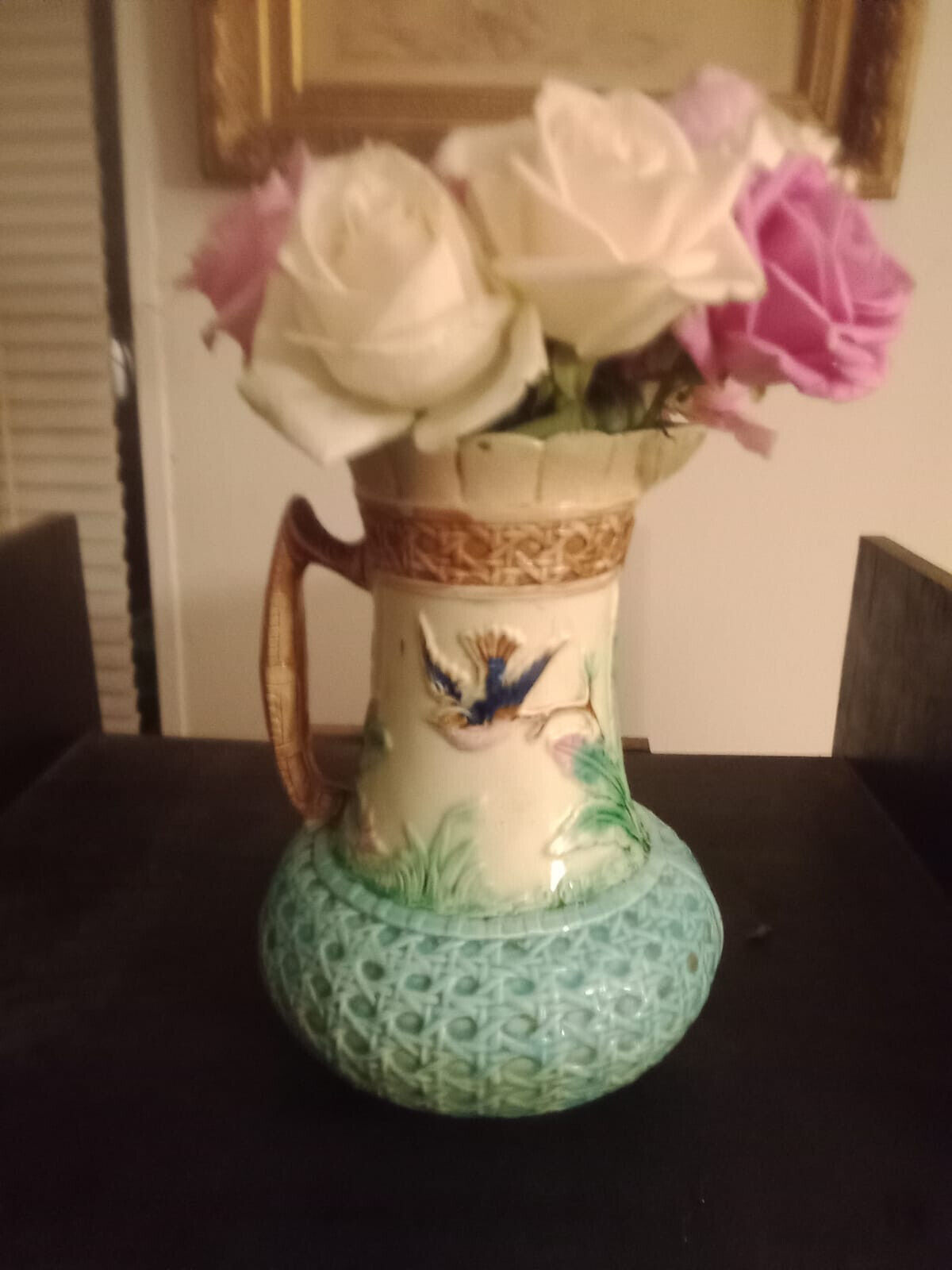 LOVELY MAJOLICA  PITCHER WITH BIRDS BAMBOO MOTIF VINTAGE