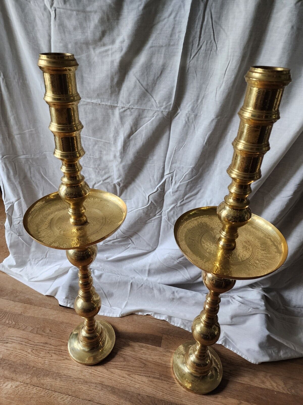 Vintage Hand-Engraved Brass Alter Candle Holders, Pair of 2