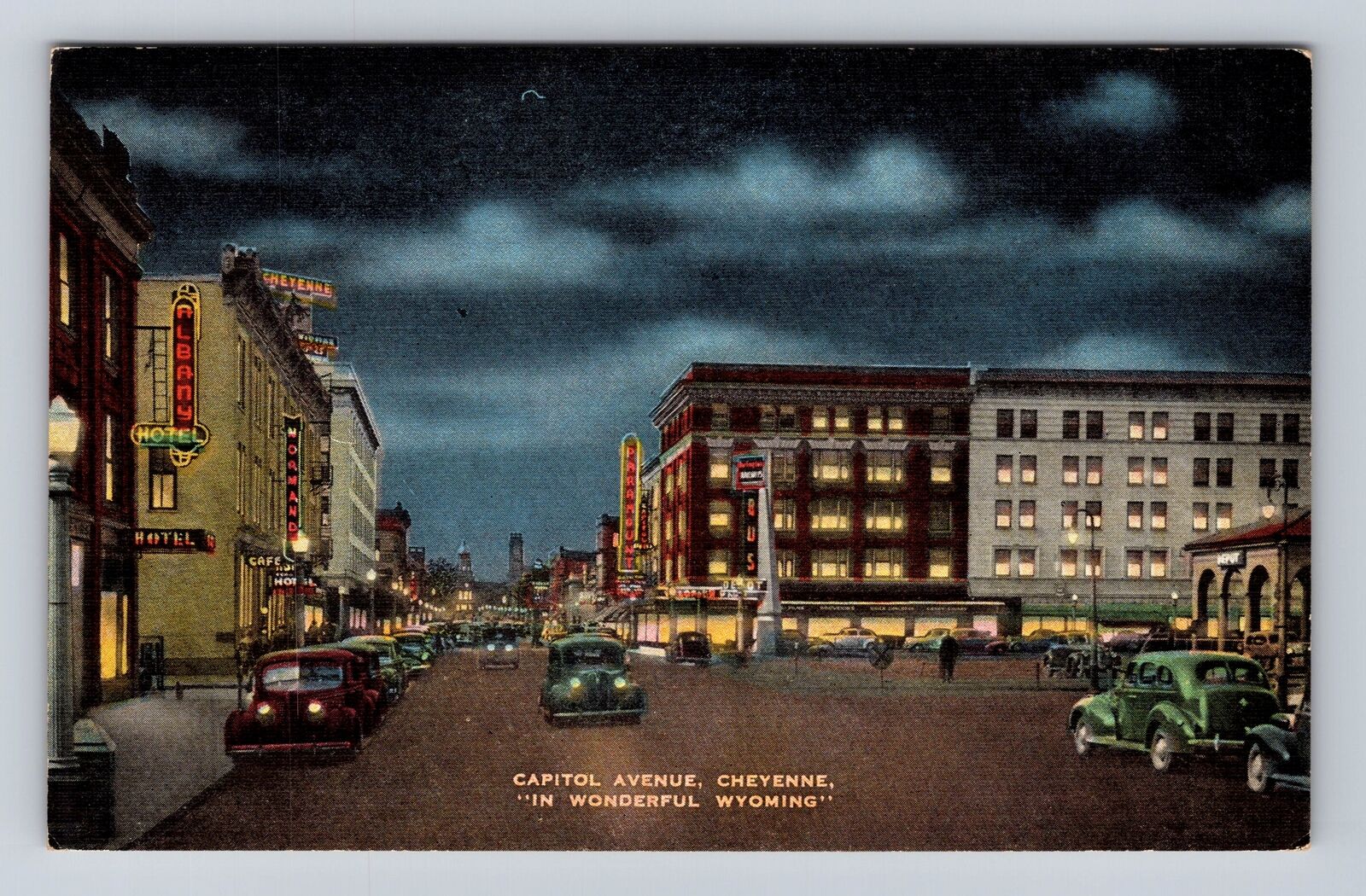 Cheyenne WY-Wyoming, Capitol Avenue At Night, Hotel, Bus Vintage Postcard