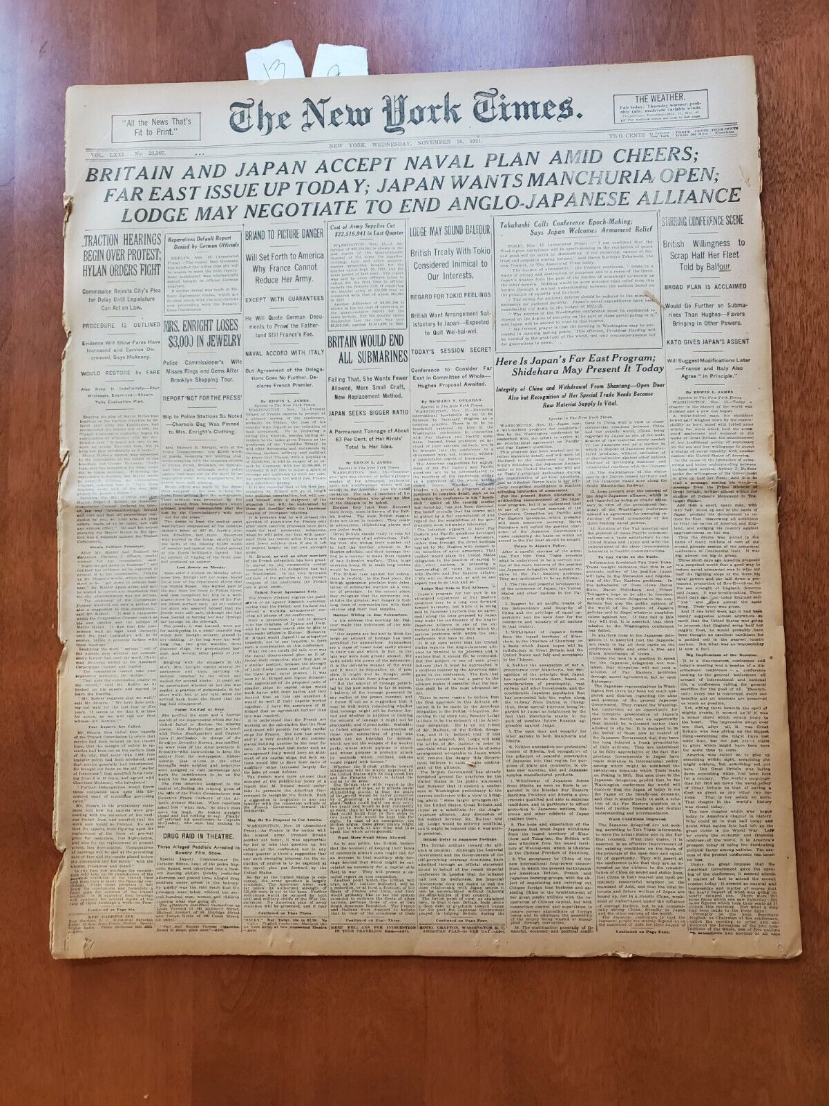 1921 NOV 16 NEW YORK TIMES NEWSPAPER-BRITAIN AND JAPAN ACCEPT NAVAL PLAN-NT 8000