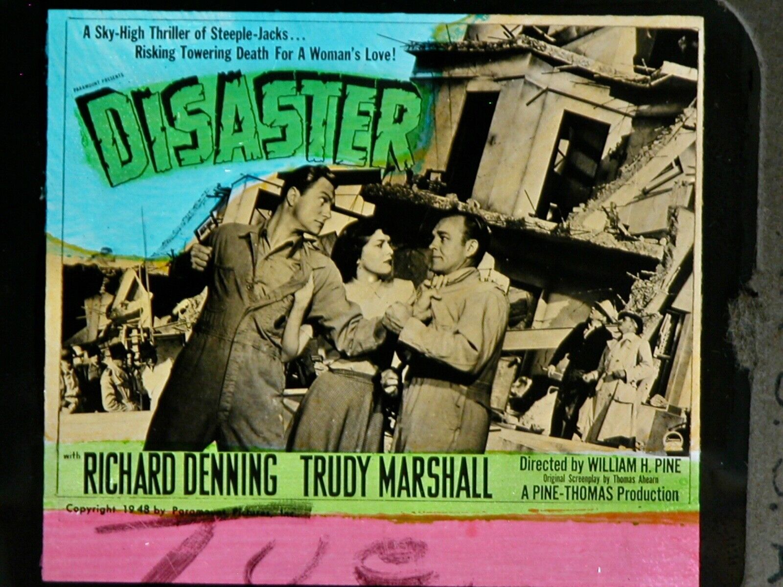 DISASTER Vtg 40s Movie Magic Lantern Glass Slide Richard Denning Trudy Marshall