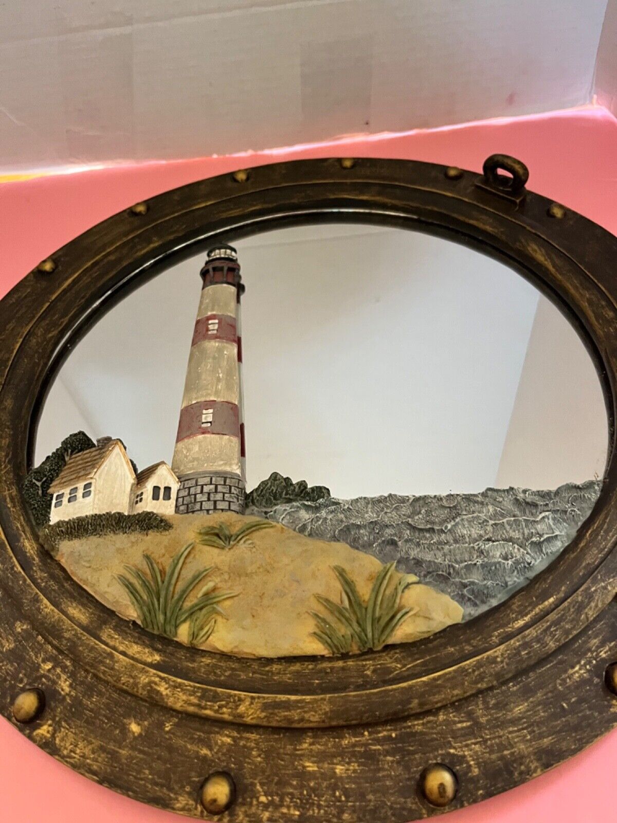 Nautical/ Port Hole /Mirror/ Raised Lighthouse  Resin Wall Decor 12 1/2