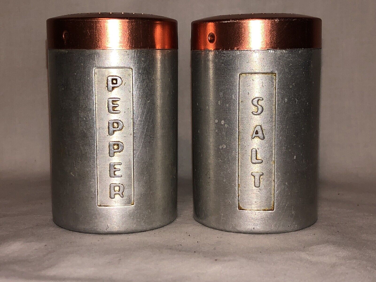 ITALY Vintage MCM Copper Color Lids W/ Aluminum Body Salt & Pepper Shaker