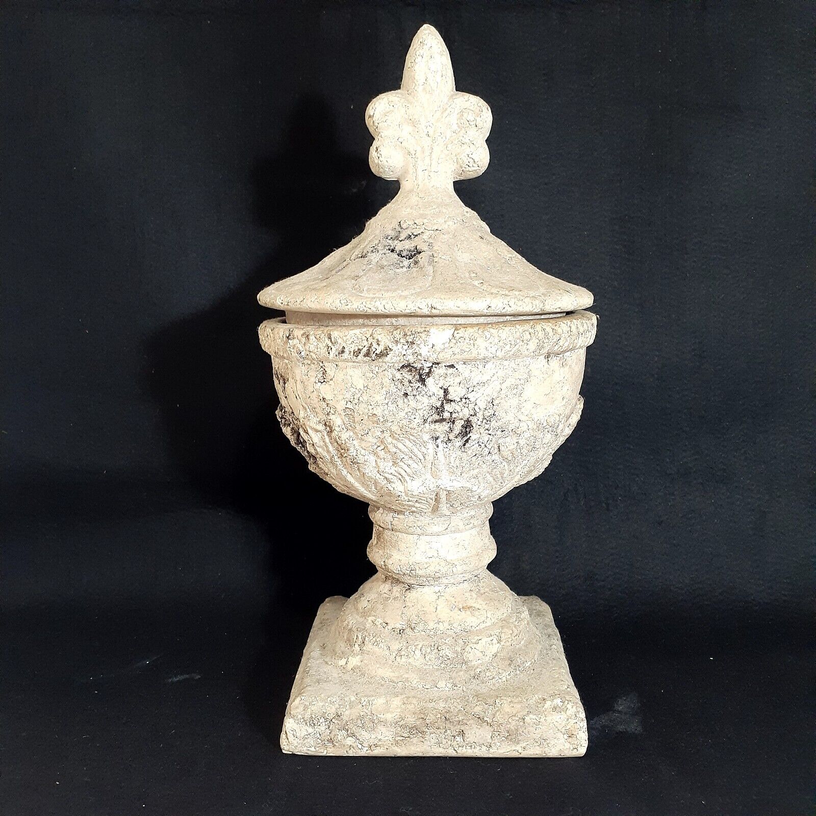 Vintage Rare French Fleur De Lys Footed Urn/Lid Stoneware Raised Relief Heavy B2