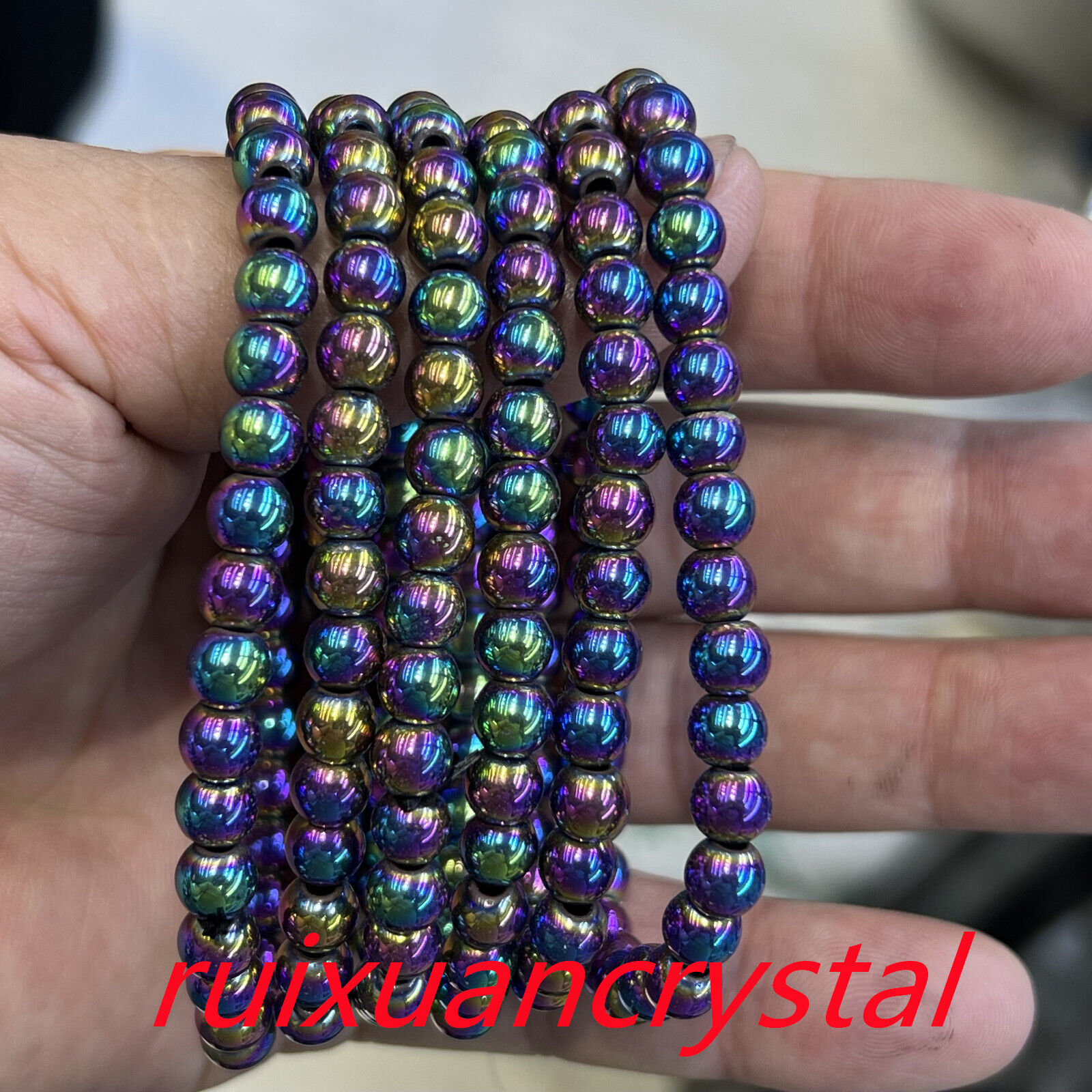 Wholesale Lot 6 Pcs Titanium Rainbow  Hematit 6 mm 7.5” Crystal Stretch Bracelet