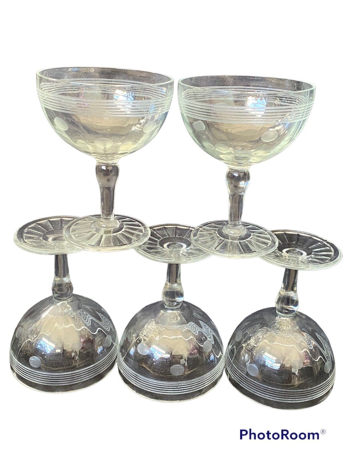 5 Vintage Champagne Martini Glass MCM Cut Dots & Lines, Pressed Foot, Bulbous
