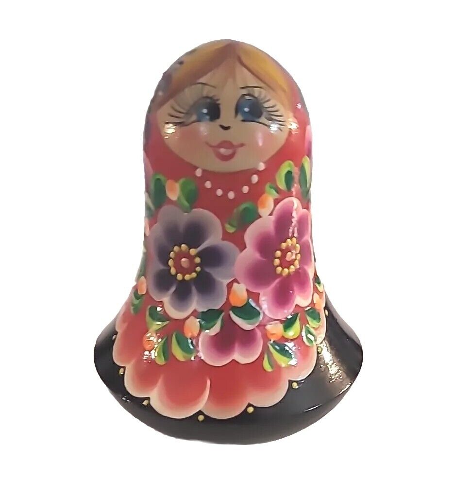 WOOD ROLY POLY BELL MUSICAL CHIME DOLL HANDPAINTED FOLK ART RUSSIAN 4” VTG 