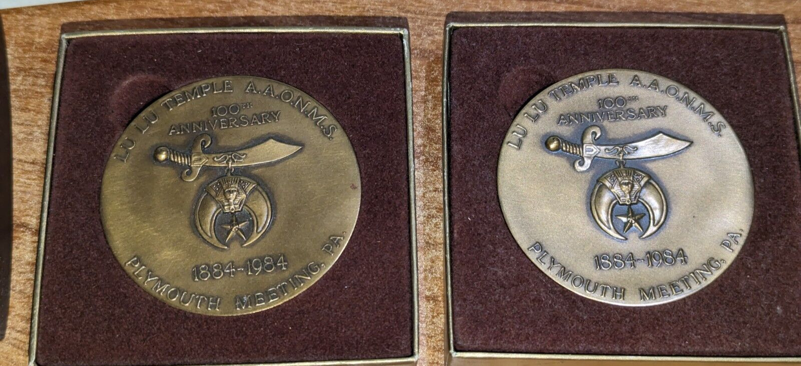 Pair of 1984 LU LU Temple AAONMS 100th Anniv Bronze Medals w/ Boxes