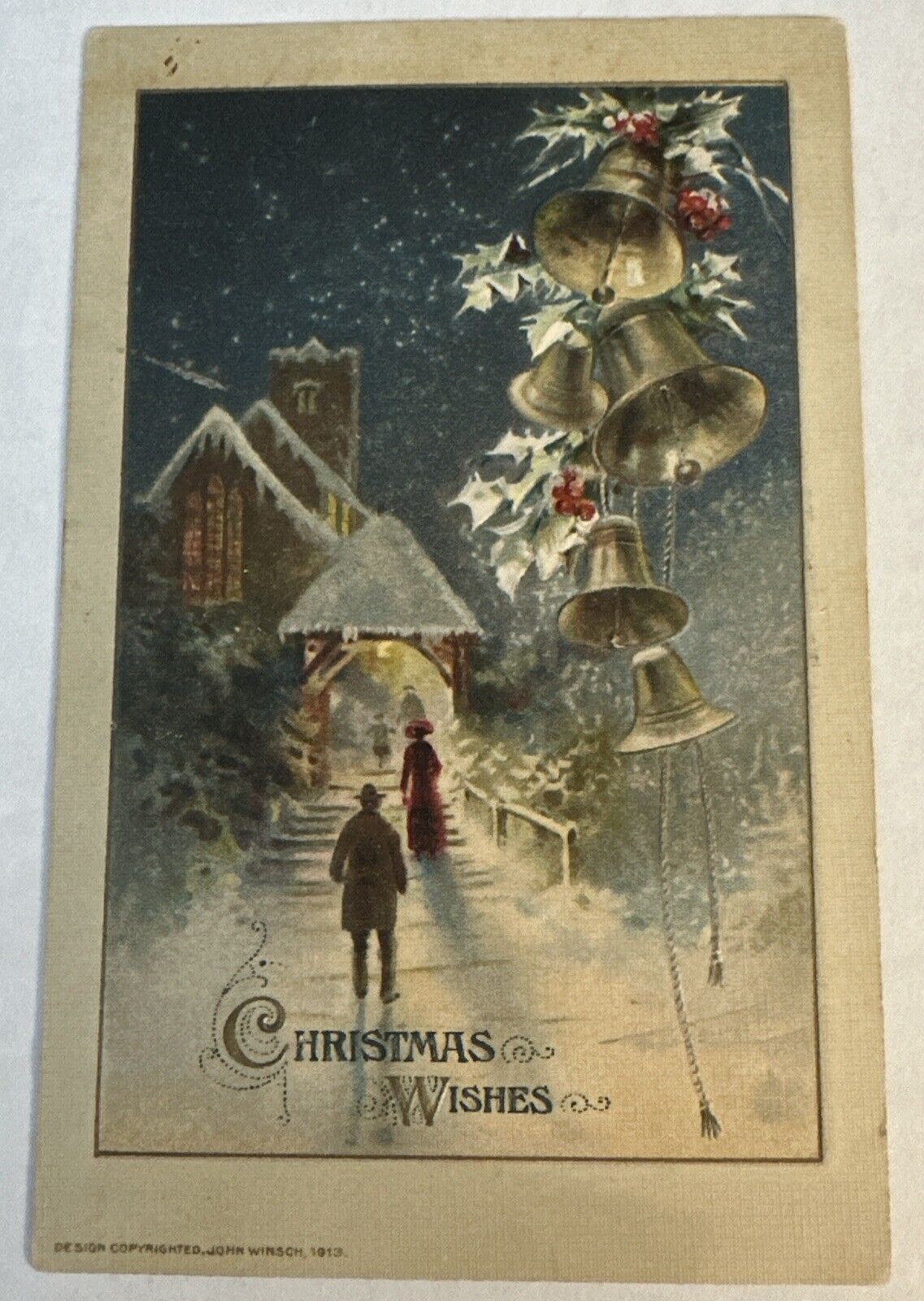 Winsch Christmas Wishes Holly Berries Snow Bells c1911 Vintage Postcard Embossed