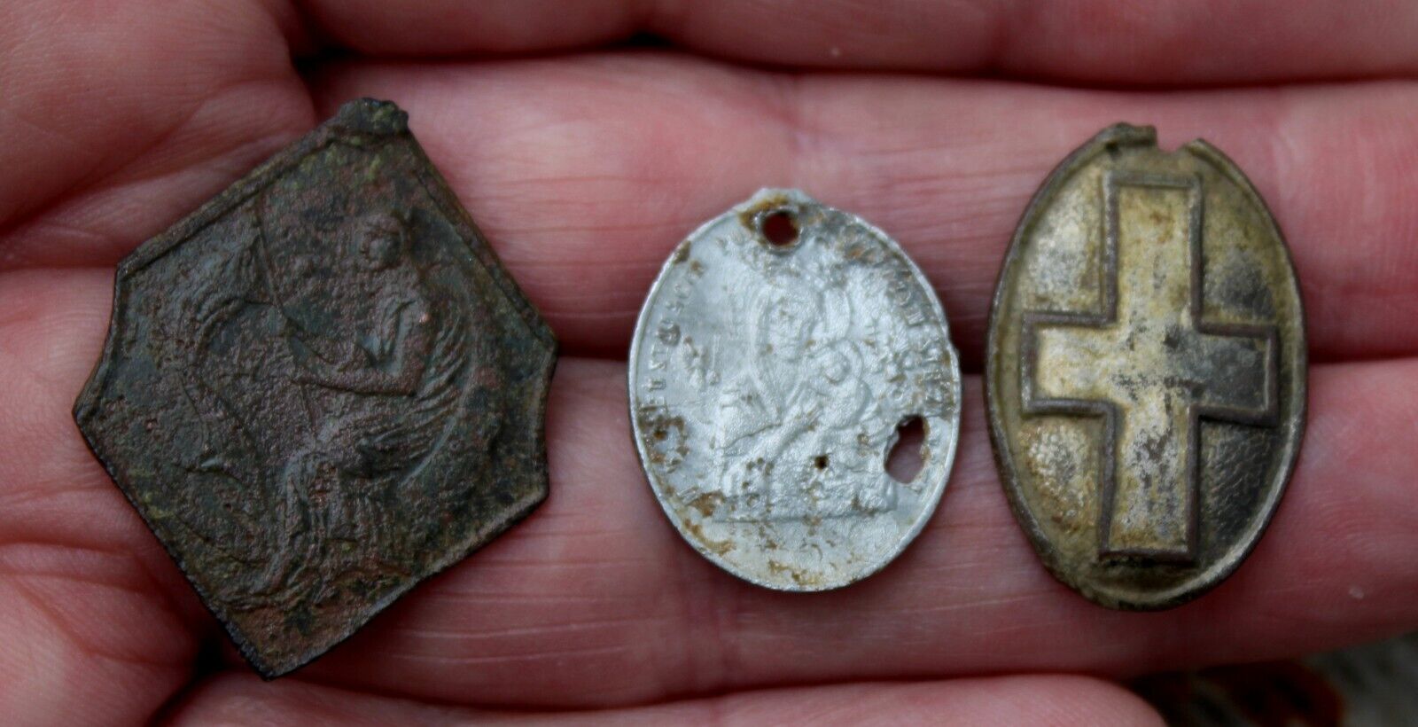 Old Different Metals Christian Artifacts Pendants Dug In Latvia Field