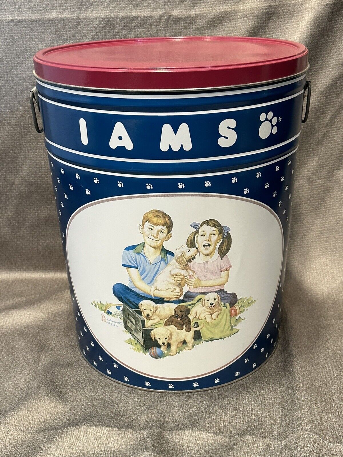 Vintage Iams Dog Food Metal Tin Container w/Lid Robert Gunn Art USA