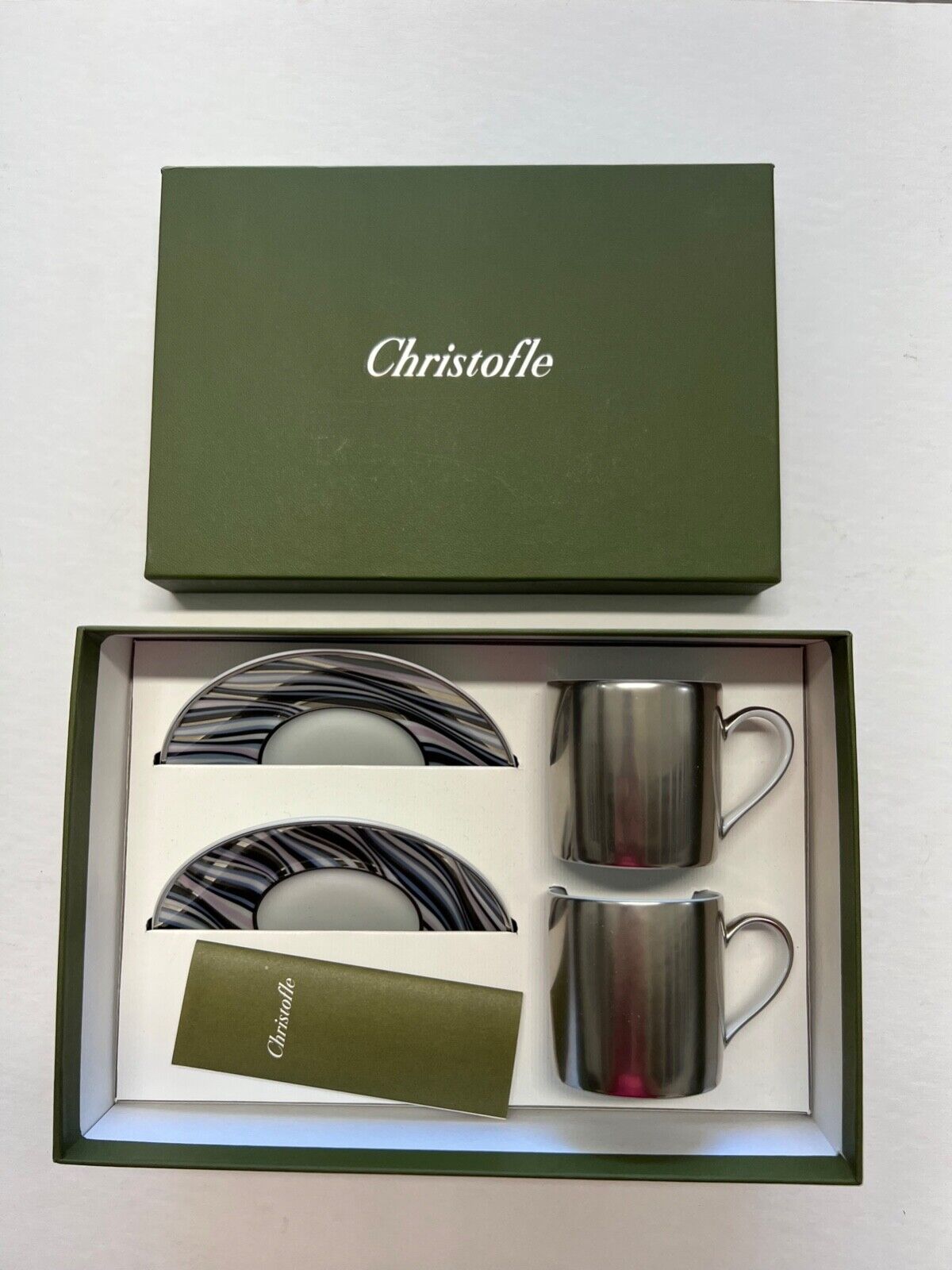Christofle Porcelain Café Set for 2 Tete-a-Tete Vagues Hand-Applied Platinum NEW