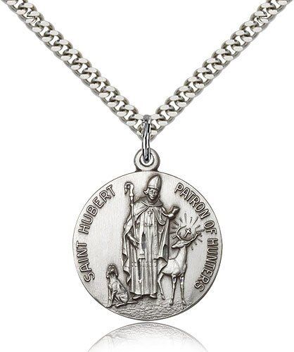 Saint Hubert Of Liege Medal For Men Women - Sterling Silver Necklace 24 Chain