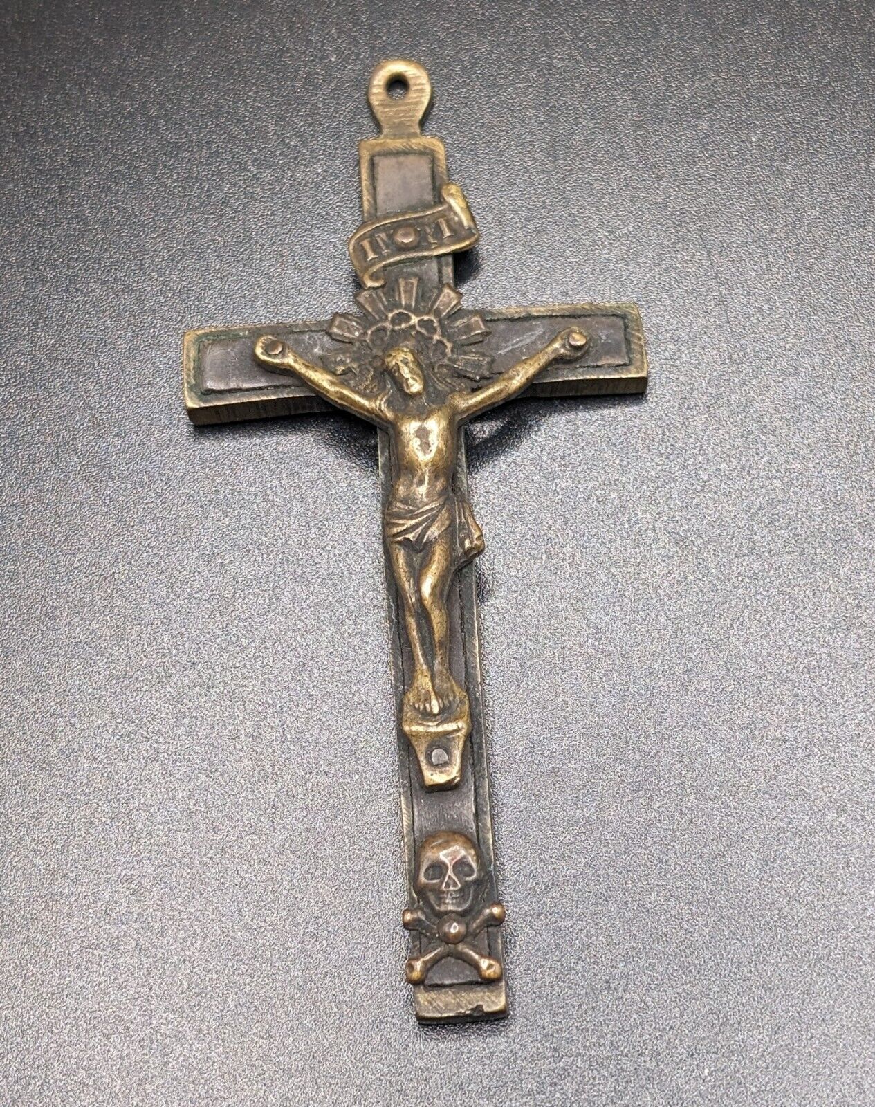 Vintage Antique Priest Nun Pectoral Crucifix Skull & Crossbones Brass Wood Inlay