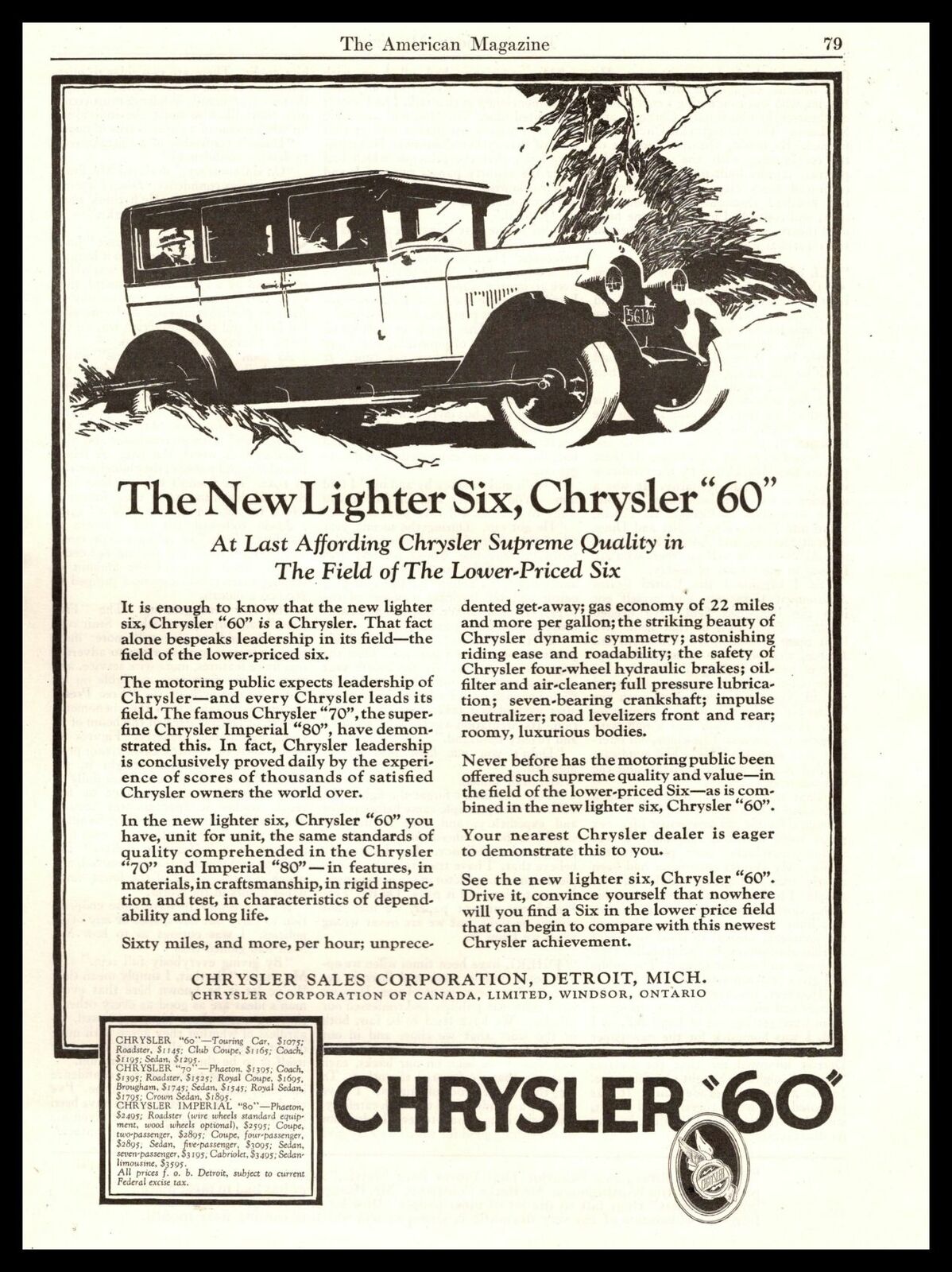 1926 Chrysler 60 Touring Car $1075 Detroit MI \