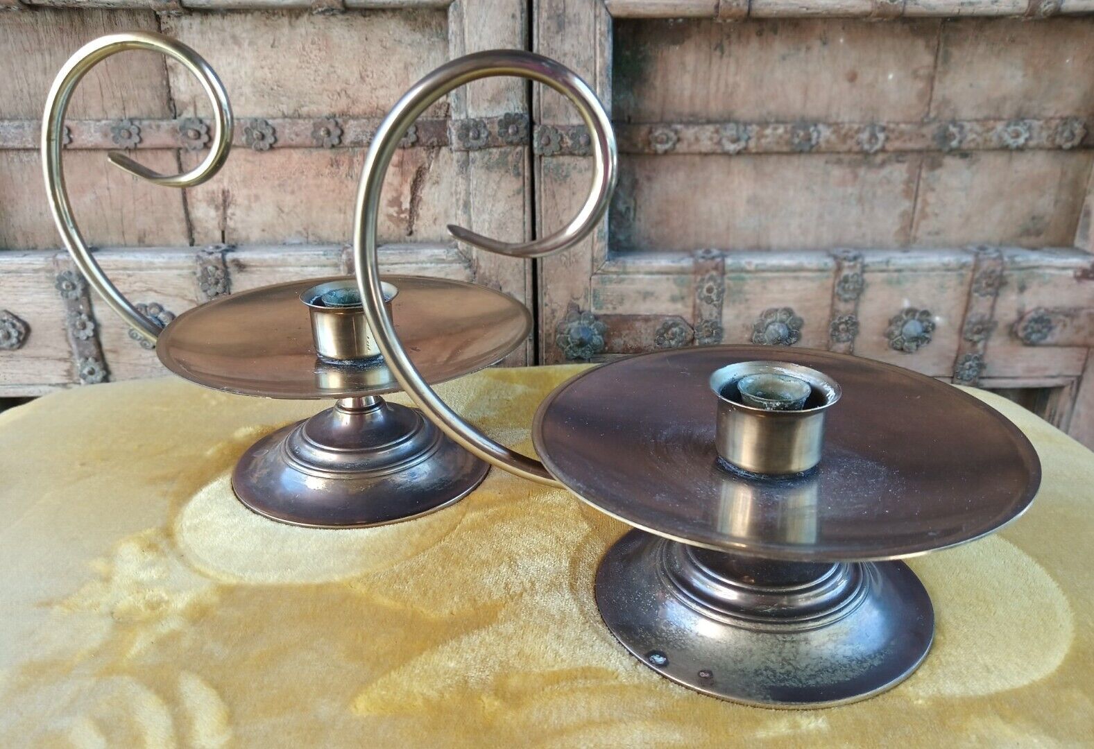 Pair Vintage BALDWIN Solid Brass Hurricane Candle Holders Handle No Glass Shades