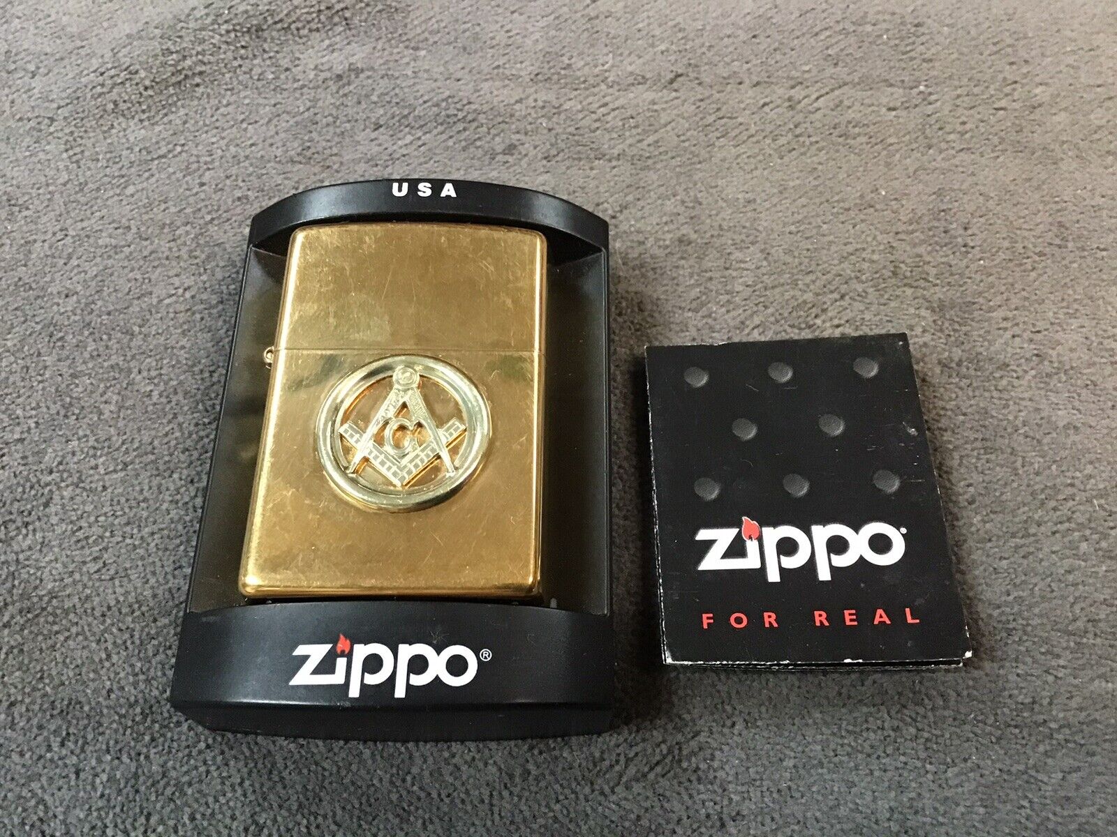 Vintage 2001 Zippo Gold Tone Masonic Lighter With Correct Insert