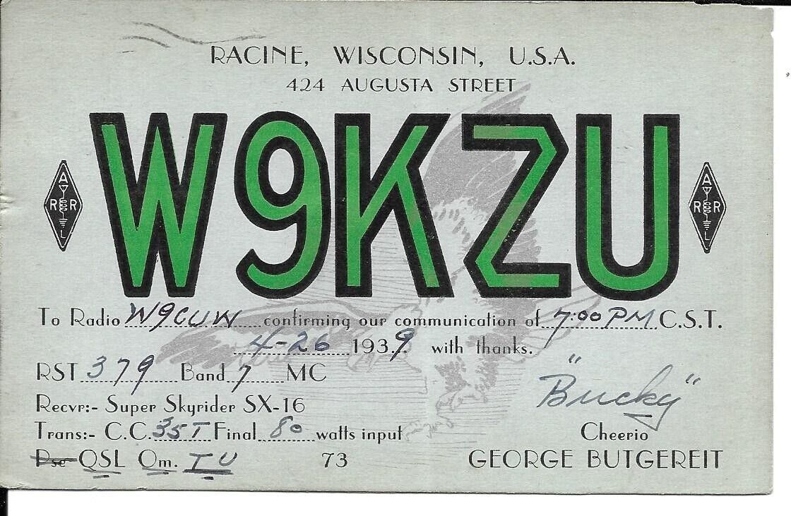 QSL  1939   Racine Wisconsin  radio card